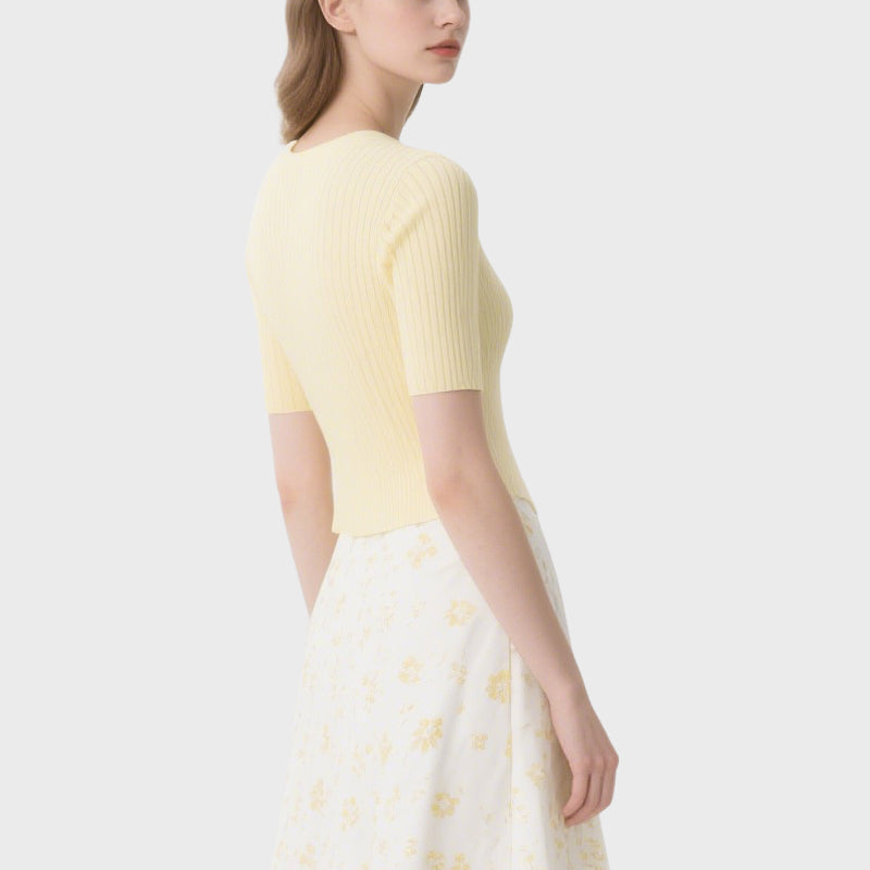 Light Yellow Button Short-Sleeved Crew Neck Knitted Cardigan