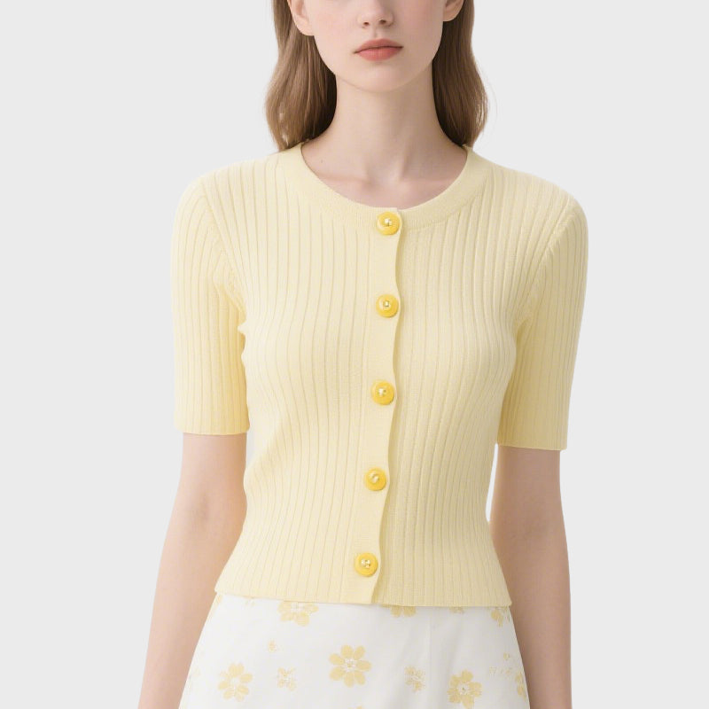 Light Yellow Button Short-Sleeved Crew Neck Knitted Cardigan