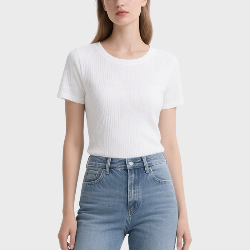White Ribbed Short-Sleeved Crew Neck T-Shirt