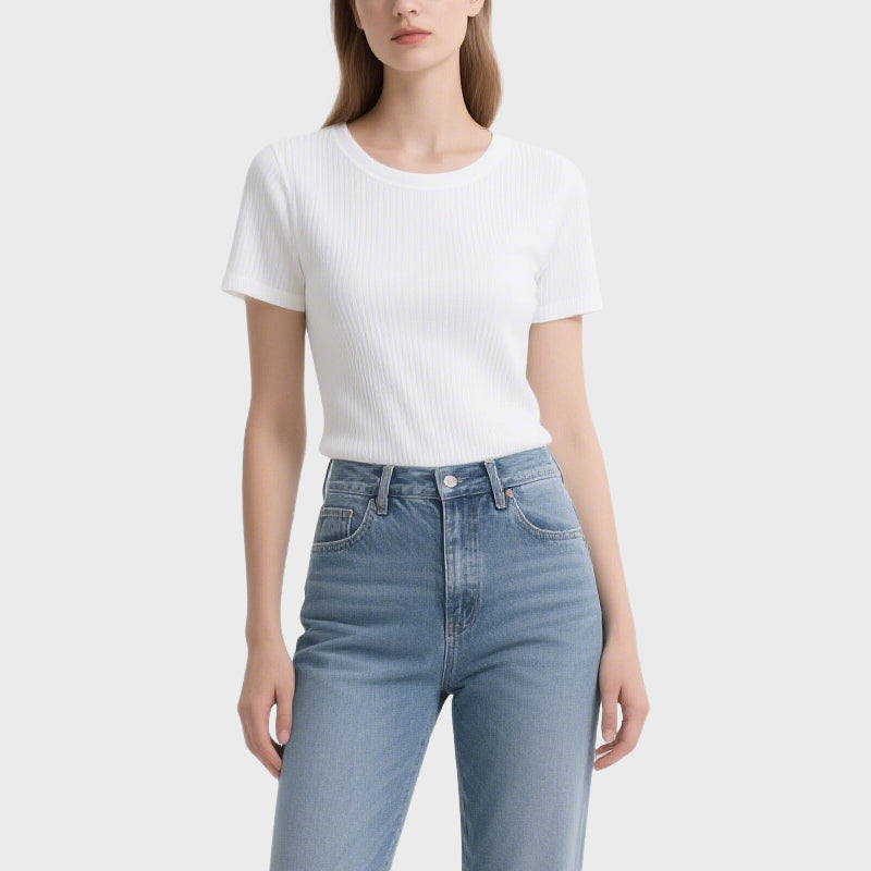 White Ribbed Short-Sleeved Crew Neck T-Shirt