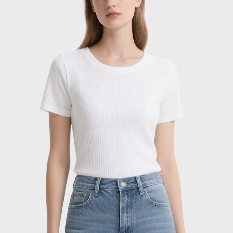 White Ribbed Short-Sleeved Crew Neck T-Shirt