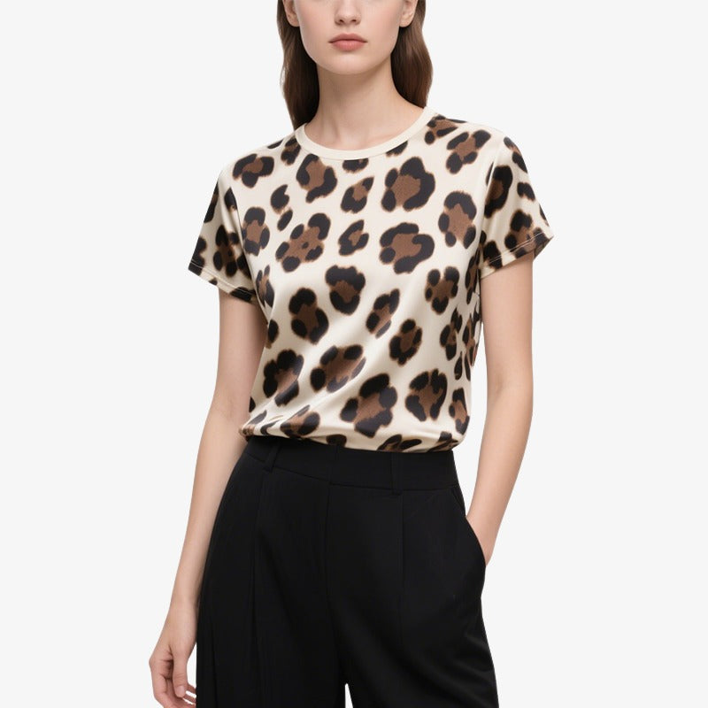 Leopard Print Short-Sleeved Crew Neck T T-Shirt