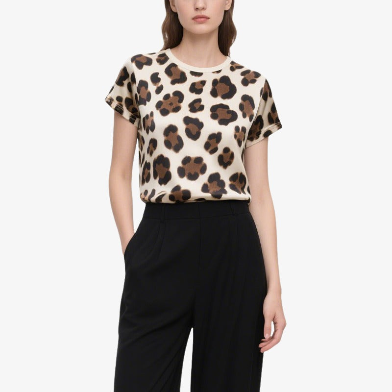 Leopard Print Short-Sleeved Crew Neck T T-Shirt