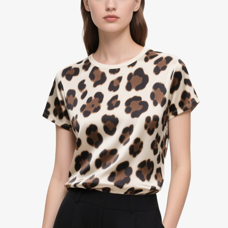 Leopard Print Short-Sleeved Crew Neck T T-Shirt