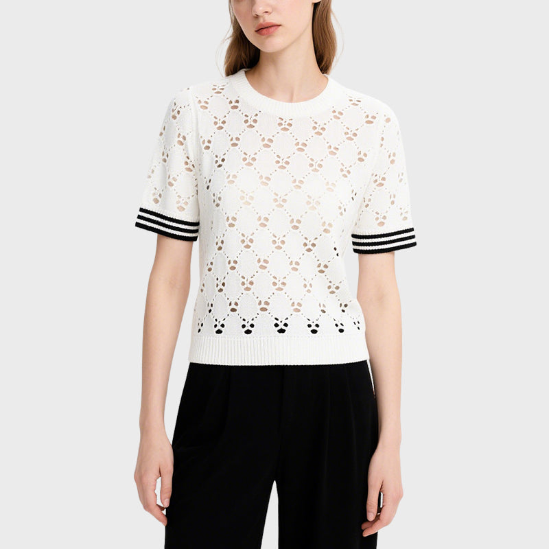 White Hollow Striped Short-Sleeved Sweater