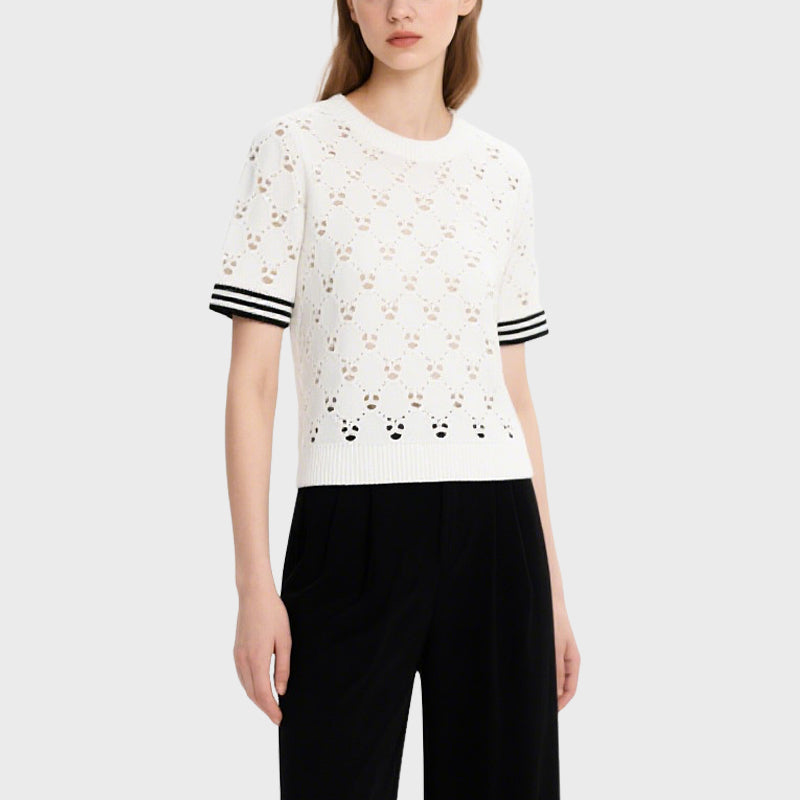 White Hollow Striped Short-Sleeved Sweater