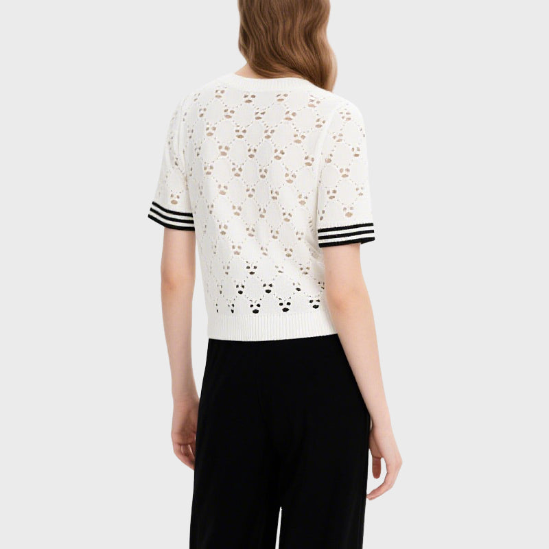 White Hollow Striped Short-Sleeved Sweater