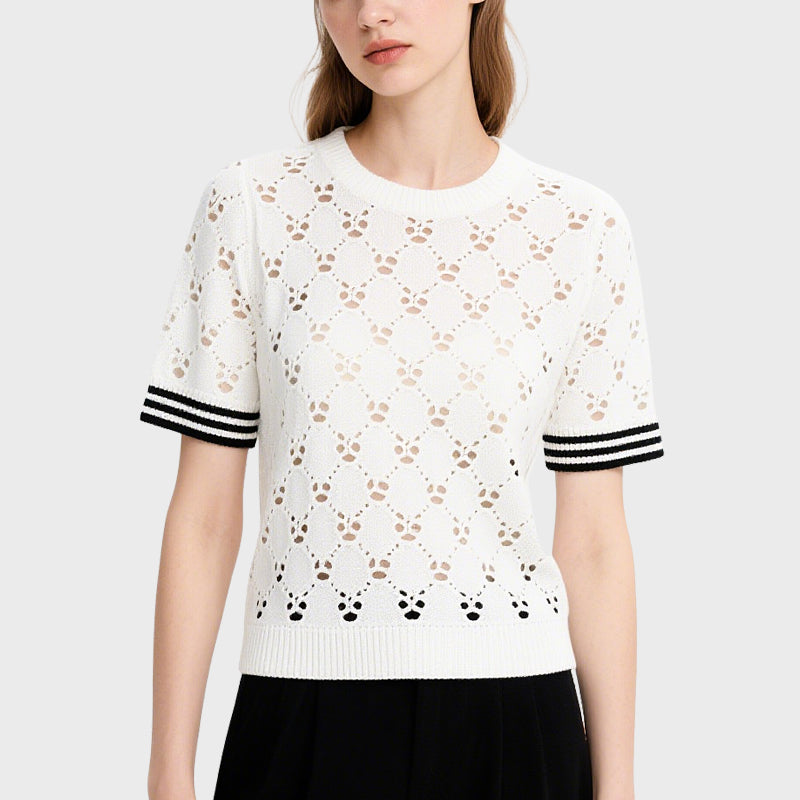 White Hollow Striped Short-Sleeved Sweater
