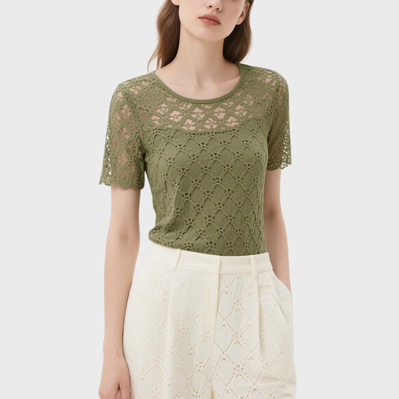 Green Lace Short-Sleeved Round Neck Top