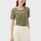 Green Lace Short-Sleeved Round Neck Top