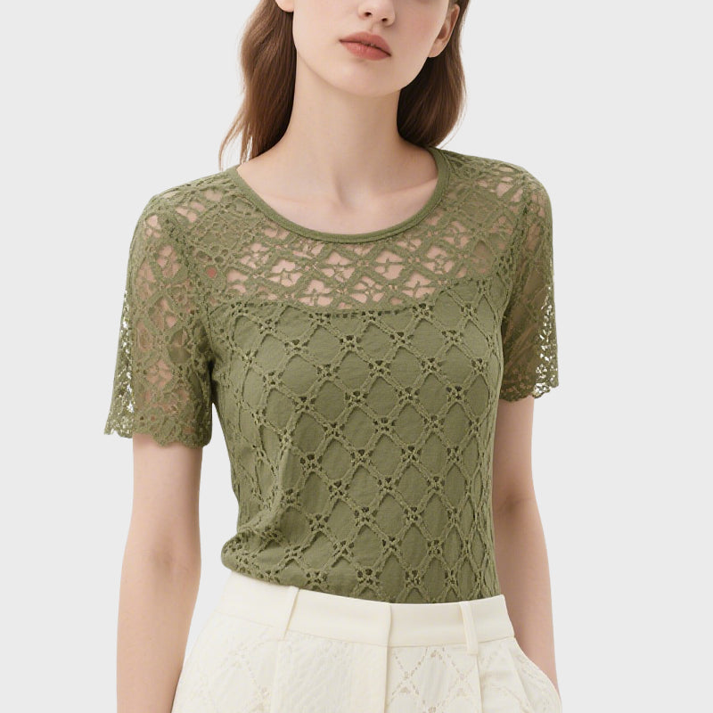 Green Lace Short-Sleeved Round Neck Top
