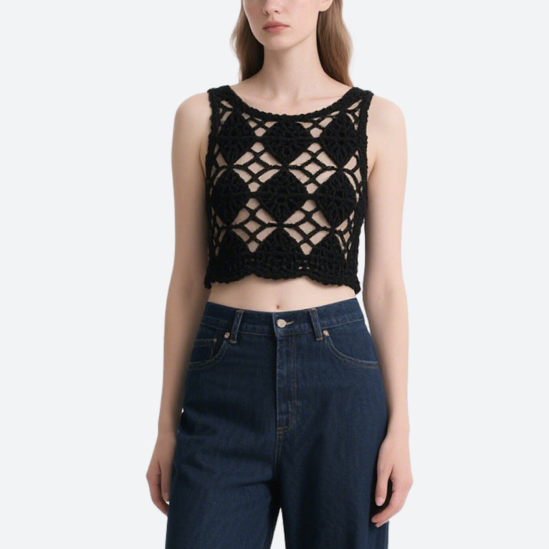 Black Hollow Crochet Sleeveless Round Neck Top