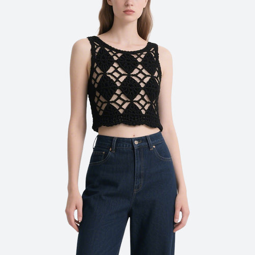 Black Hollow Crochet Sleeveless Round Neck Top