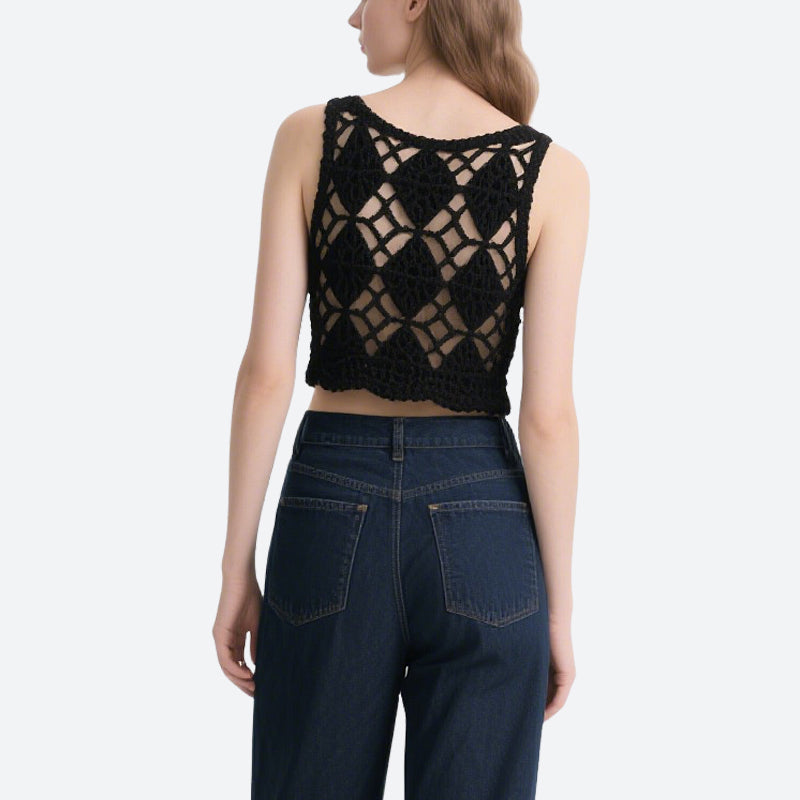 Black Hollow Crochet Sleeveless Round Neck Top