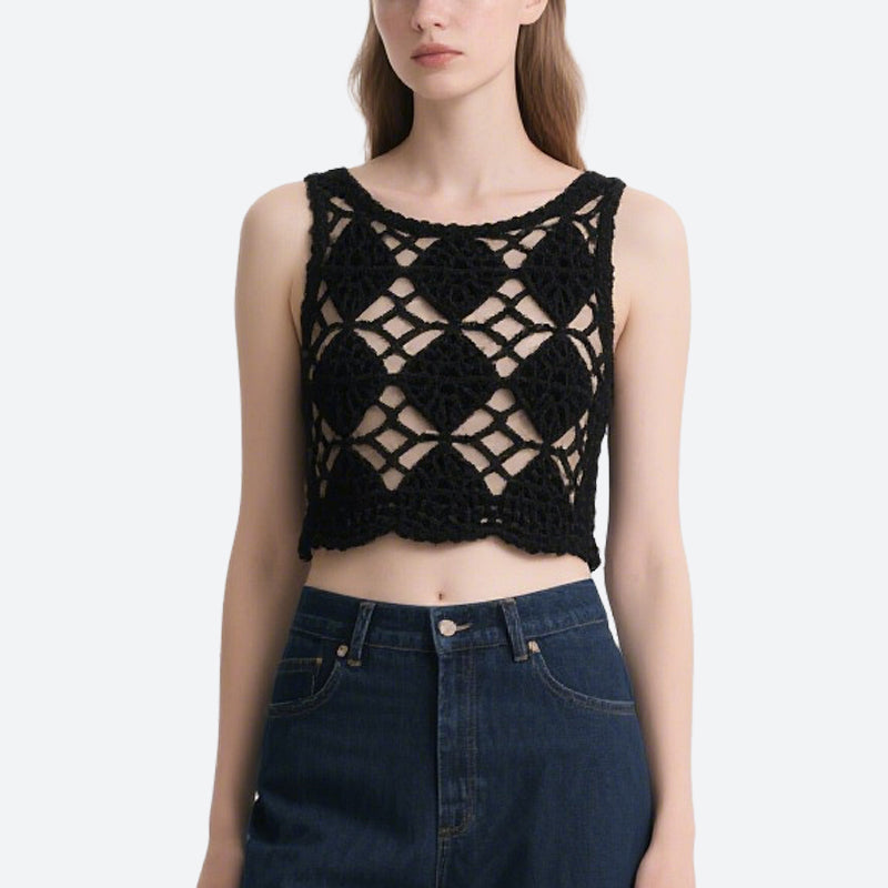 Black Hollow Crochet Sleeveless Round Neck Top