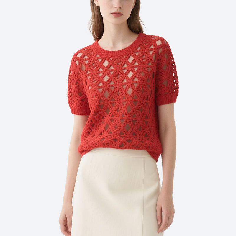 Red Hollow Short-Sleeved Round Neck Sweater