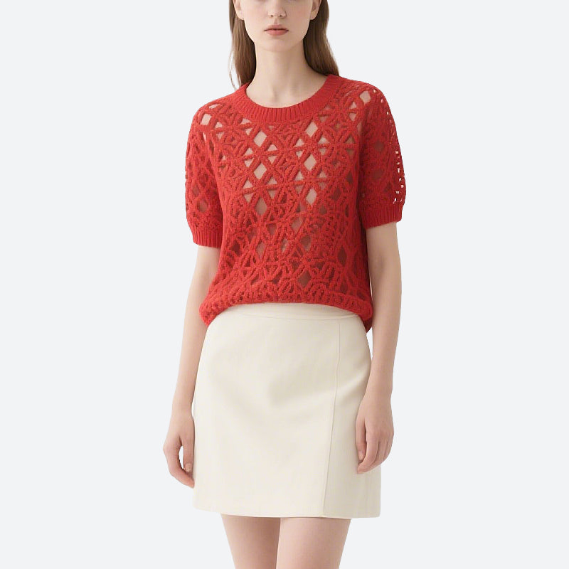 Red Hollow Short-Sleeved Round Neck Sweater