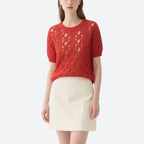 Red Hollow Short-Sleeved Round Neck Sweater