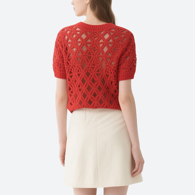 Red Hollow Short-Sleeved Round Neck Sweater