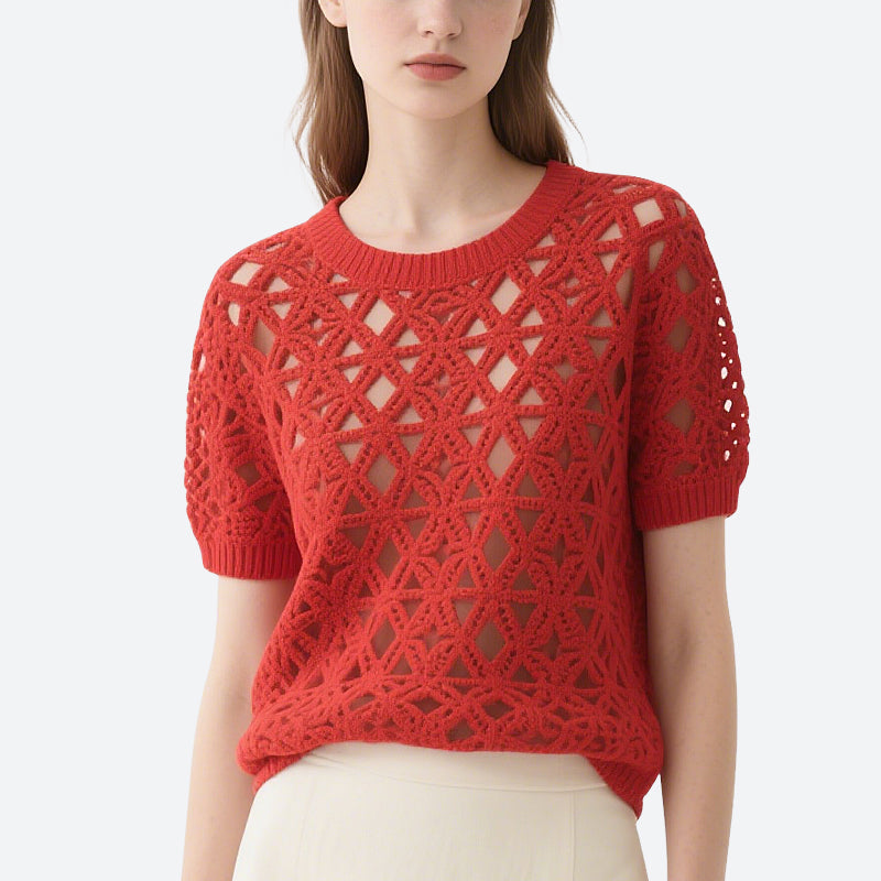 Red Hollow Short-Sleeved Round Neck Sweater