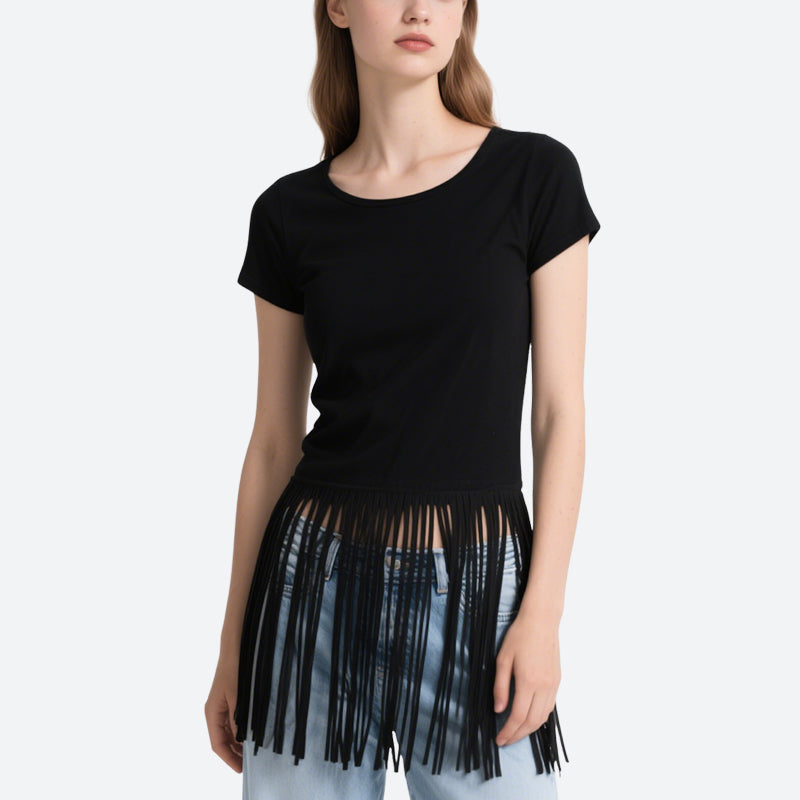 Black Tassel Short-Sleeved Round Neck T-Shirt