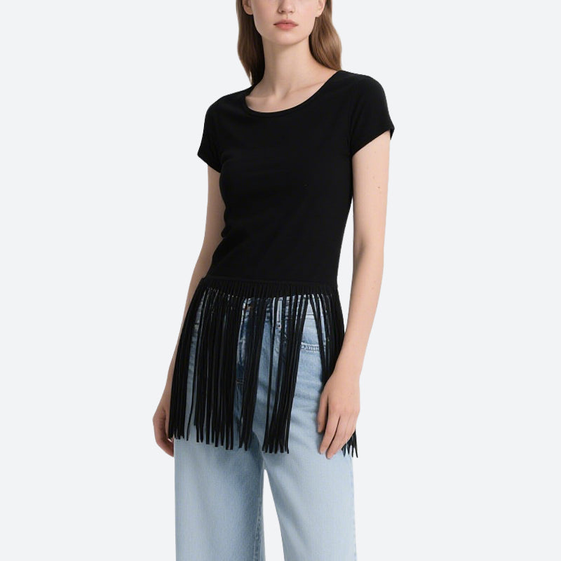 Black Tassel Short-Sleeved Round Neck T-Shirt