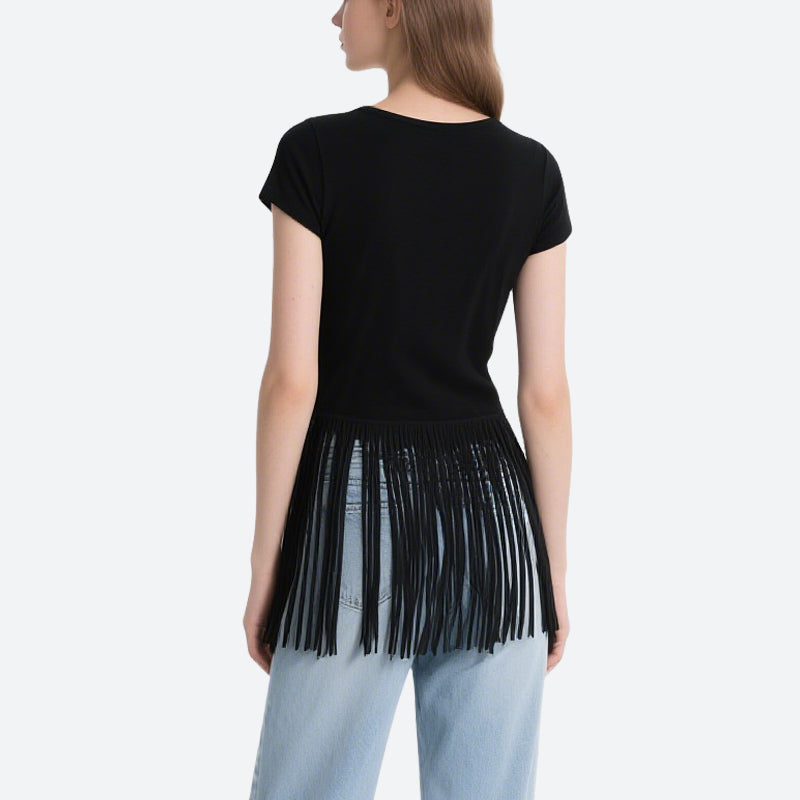 Black Tassel Short-Sleeved Round Neck T-Shirt