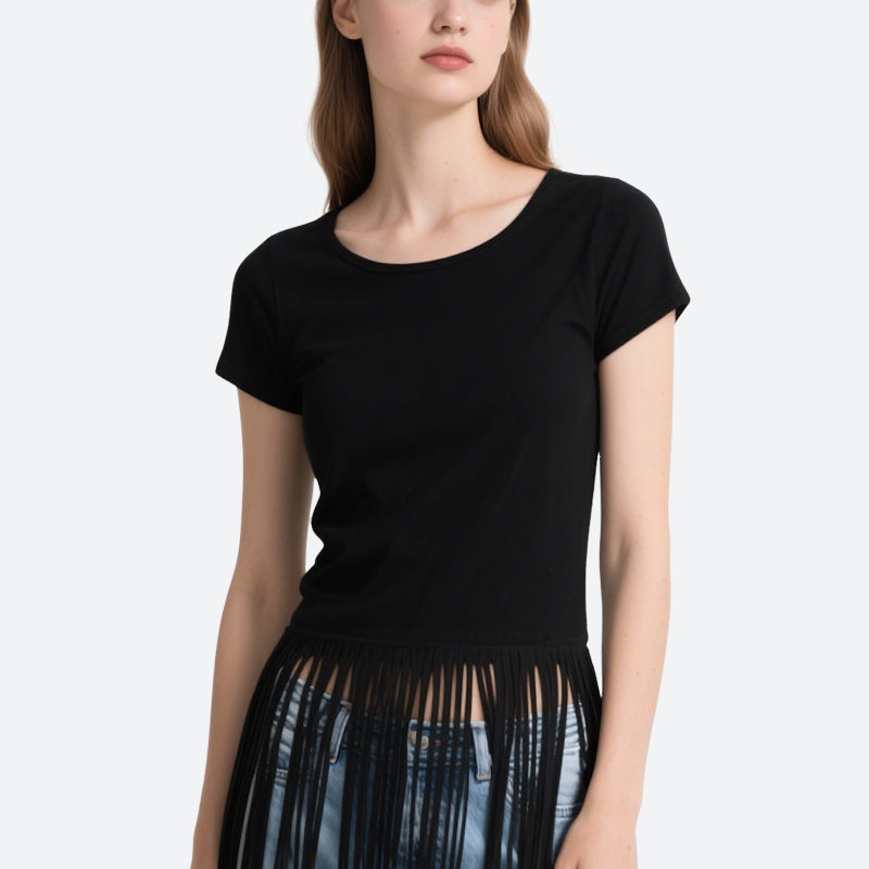 Black Tassel Short-Sleeved Round Neck T-Shirt