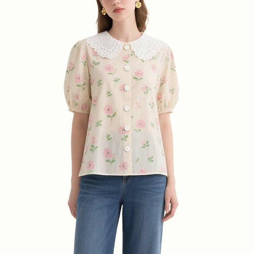 Beige Floral Puff Sleeve Lace Collar Top