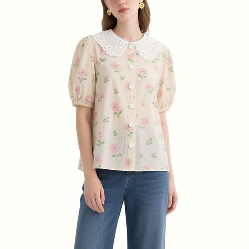 Beige Floral Puff Sleeve Lace Collar Top