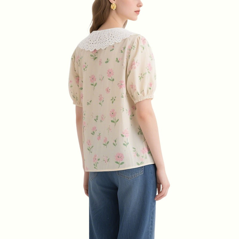 Beige Floral Puff Sleeve Lace Collar Top