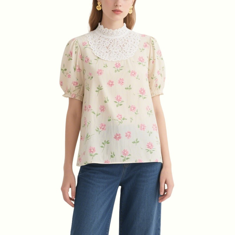 Beige Floral Puff Sleeve Lace Collar Top