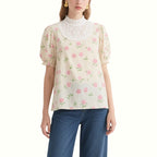 Beige Floral Puff Sleeve Lace Collar Top