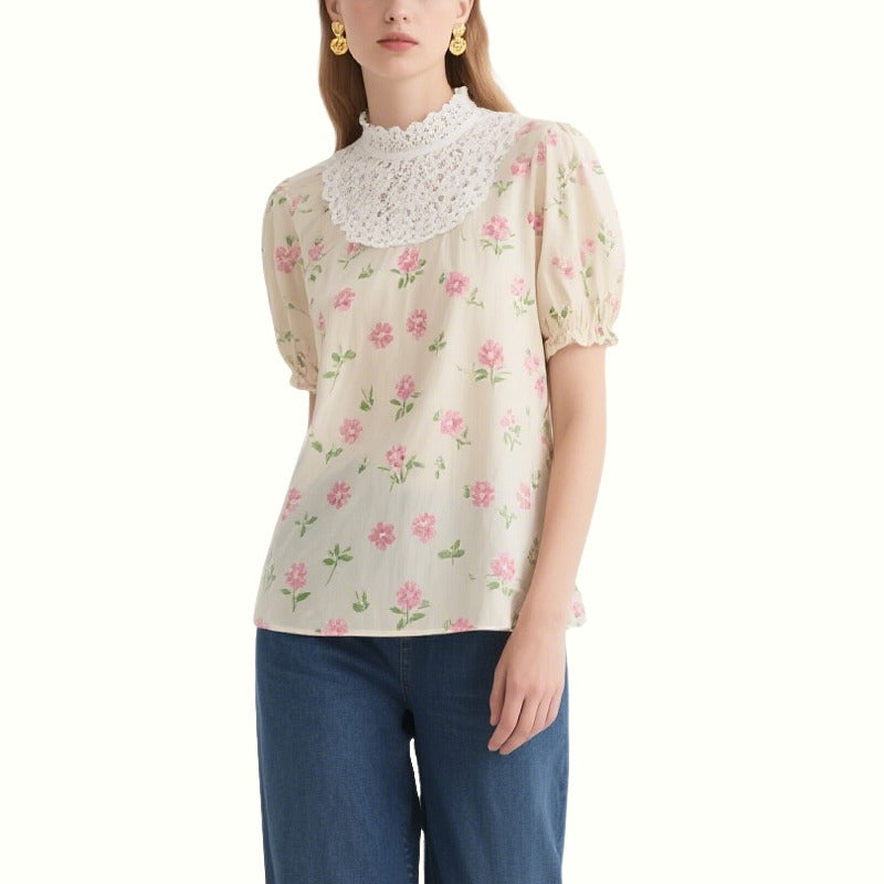 Beige Floral Puff Sleeve Lace Collar Top
