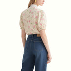 Beige Floral Puff Sleeve Lace Collar Top