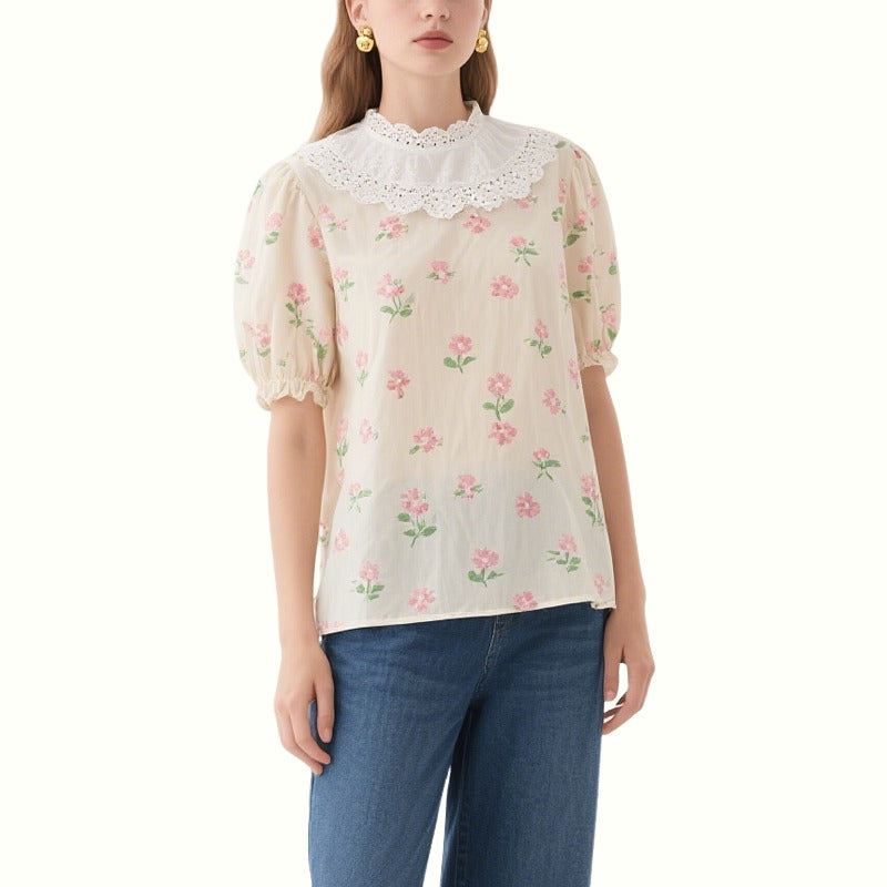 Beige Floral Puff Sleeve Lace Collar Top