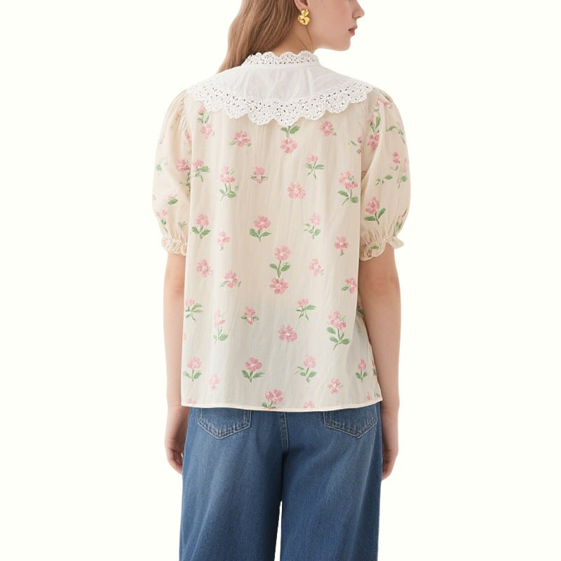 Beige Floral Puff Sleeve Lace Collar Top