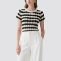 Black and White Striped Crochet Short-Sleeved Crew Neck Top