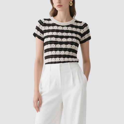 Black and White Striped Crochet Short-Sleeved Crew Neck Top