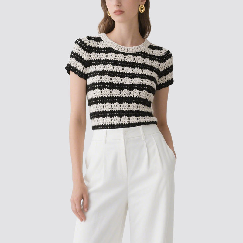 Black and White Striped Crochet Short-Sleeved Crew Neck Top