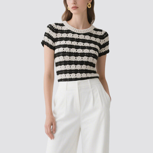 Black and White Striped Crochet Short-Sleeved Crew Neck Top
