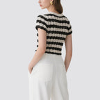 Black and White Striped Crochet Short-Sleeved Crew Neck Top