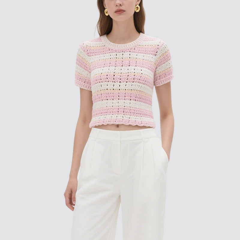 Pink and White Striped Crochet Short-Sleeved Crew Neck Top