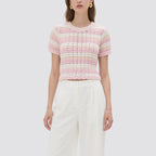 Pink and White Striped Crochet Short-Sleeved Crew Neck Top