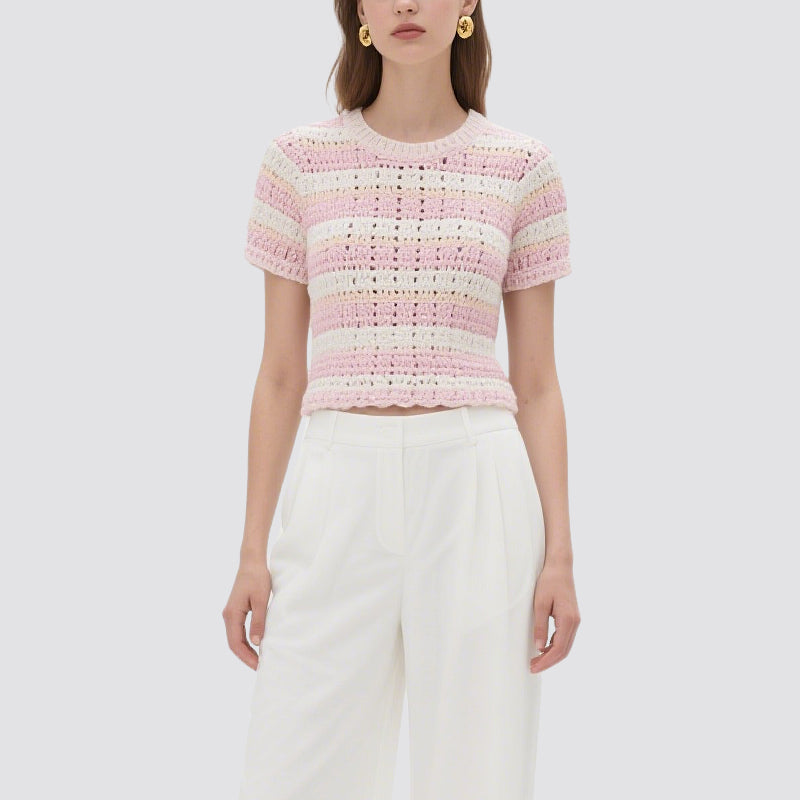 Pink and White Striped Crochet Short-Sleeved Crew Neck Top