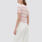 Pink and White Striped Crochet Short-Sleeved Crew Neck Top