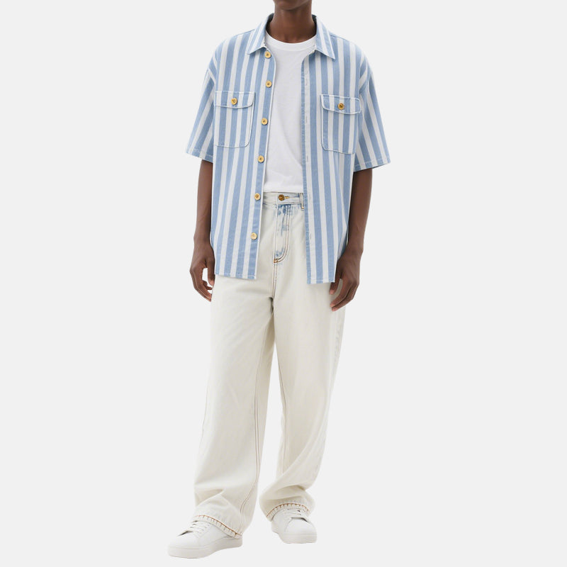 Vertical Striped Button Men's Short Sleeve Shirts