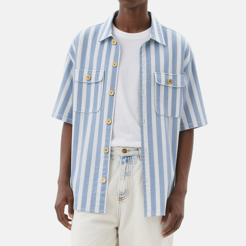 Vertical Striped Button Men's Short Sleeve Shirts