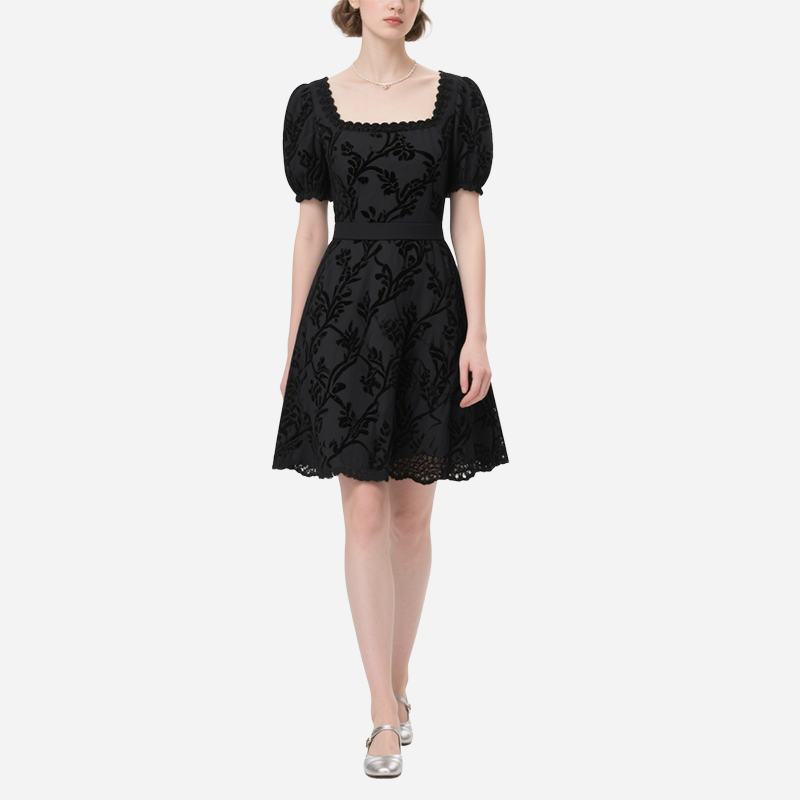 Retro Square Neck Puff Sleeve Jacquard Dress for Women