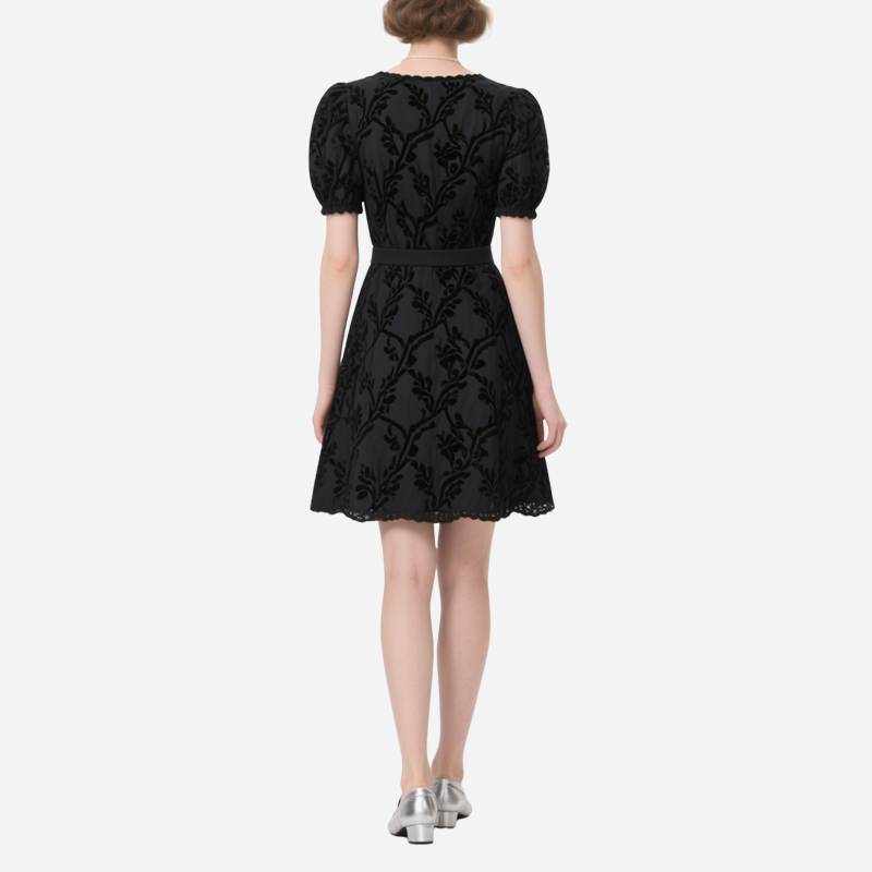Retro Square Neck Puff Sleeve Jacquard Dress for Women